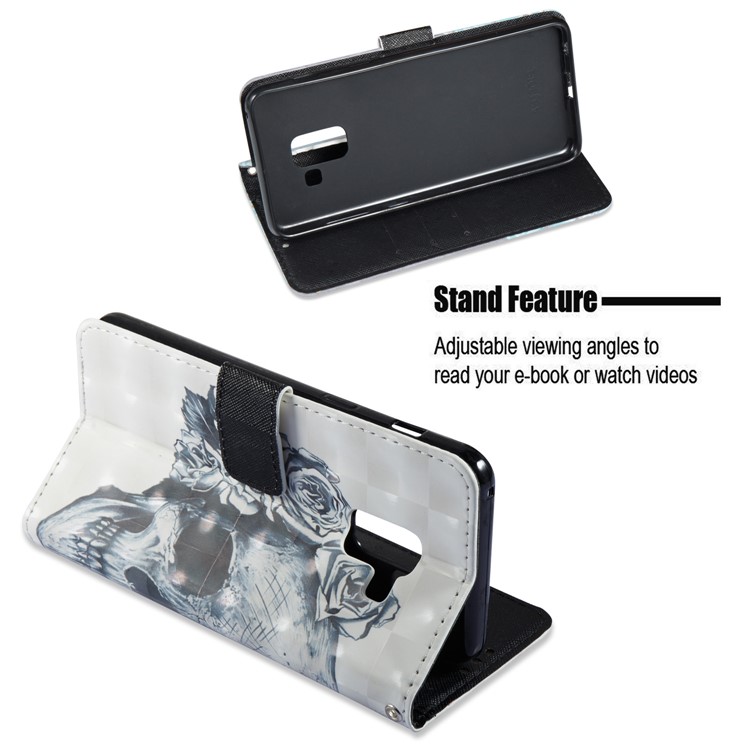 3D Pattern Printing Leather Wallet Mobile Case for Samsung Galaxy A8 (2018) - Flowered Skull-7