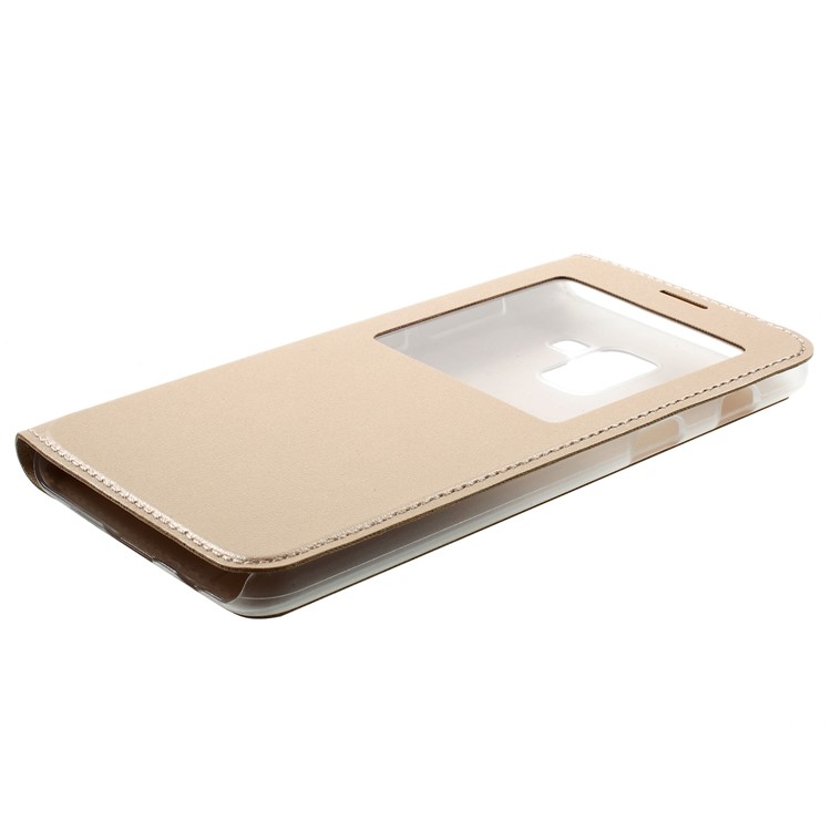 Flip Leather Phone Cover with View Window for Samsung Galaxy A8 Plus (2018) - Gold-4