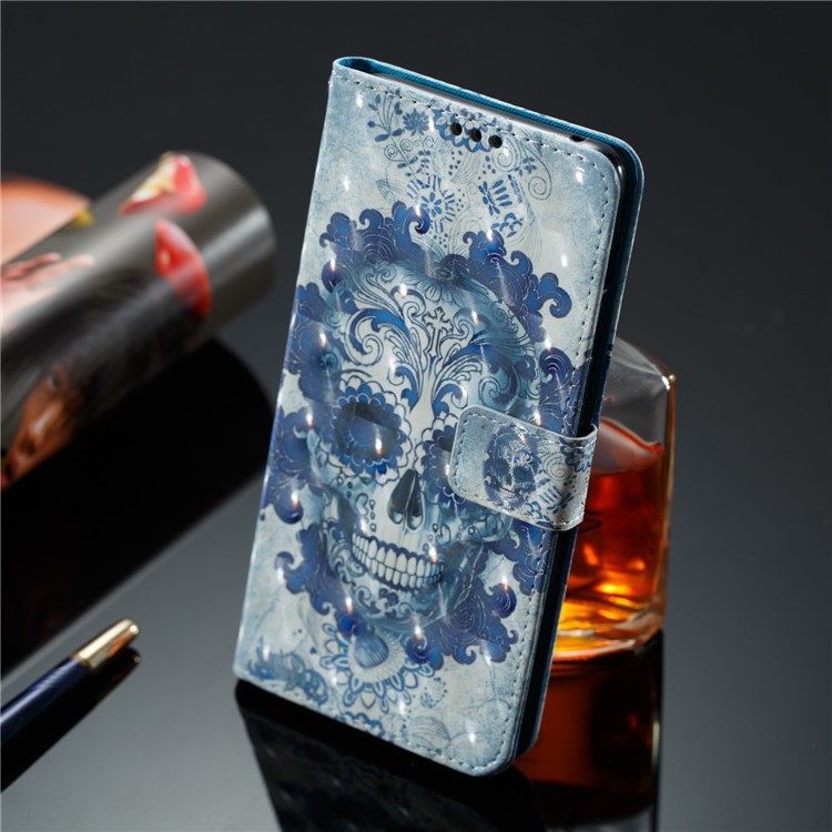 Pattern Printing Light Spot Decor Leather Stand Protective Phone Shell for Samsung Galaxy A8+ (2018) - Skull-4