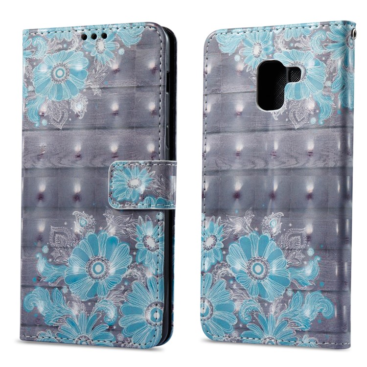 Pattern Printing Light Spot Decor Leather Stand Protective Phone Casing for Samsung Galaxy A8+ (2018) - Blue Flower-1