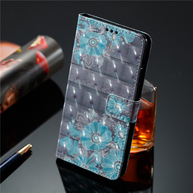 Pattern Printing Light Spot Decor Leather Stand Protective Phone Casing for Samsung Galaxy A8+ (2018) - Blue Flower-4