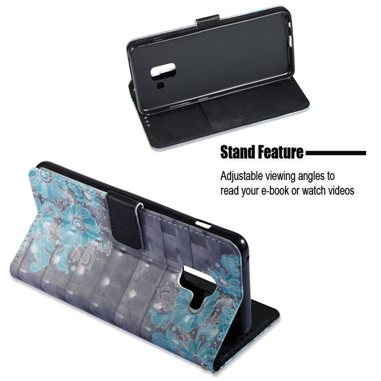 Pattern Printing Light Spot Decor Leather Stand Protective Phone Casing for Samsung Galaxy A8+ (2018) - Blue Flower-6