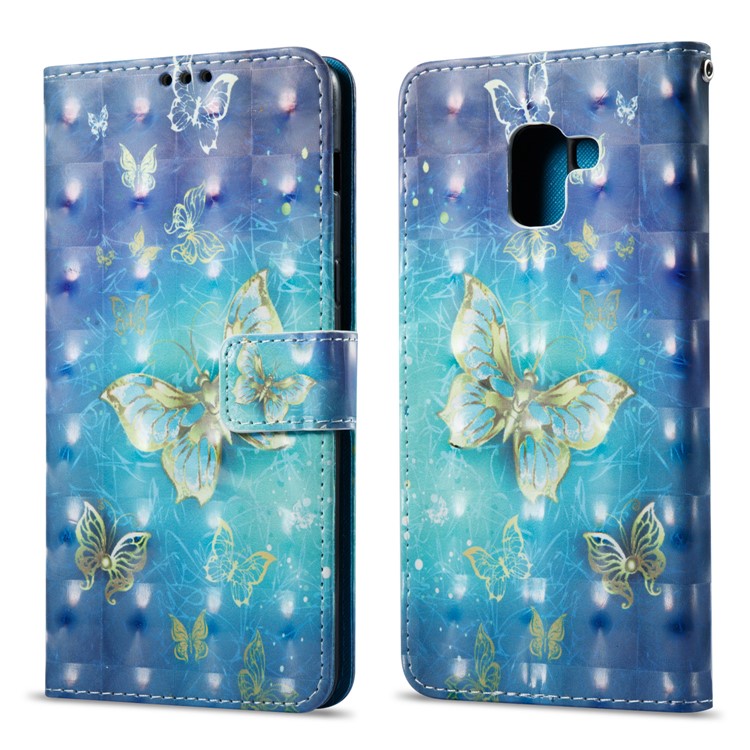 Pattern Printing Light Spot Decor Leather Stand Protective Mobile Phone Cover for Samsung Galaxy A8+ (2018) - Gold and Blue Butterfly-1