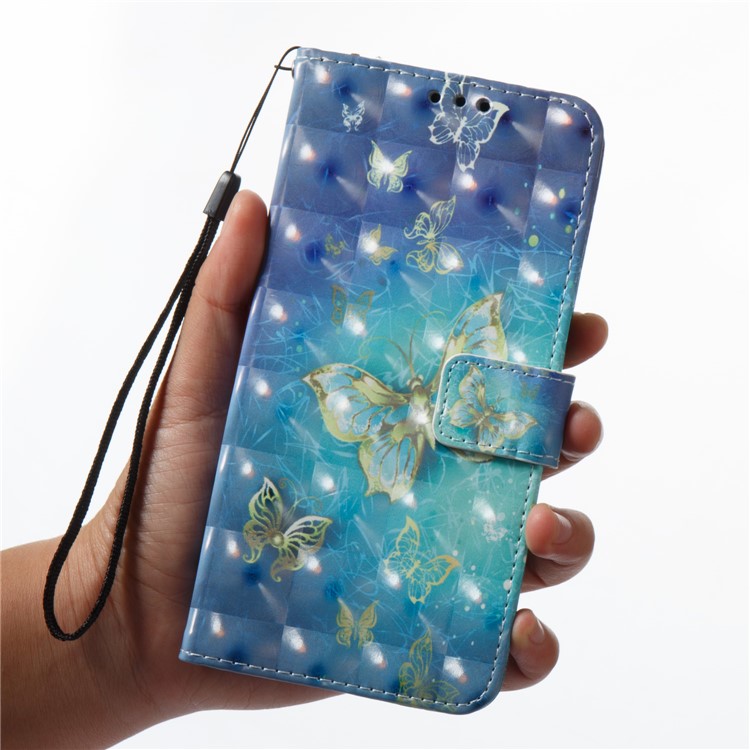 Pattern Printing Light Spot Decor Leather Stand Protective Mobile Phone Cover for Samsung Galaxy A8+ (2018) - Gold and Blue Butterfly-2