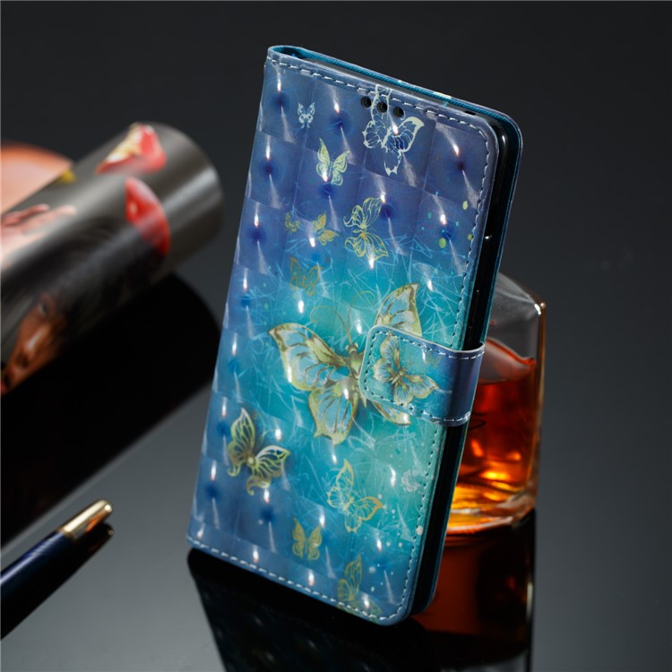 Pattern Printing Light Spot Decor Leather Stand Protective Mobile Phone Cover for Samsung Galaxy A8+ (2018) - Gold and Blue Butterfly-4