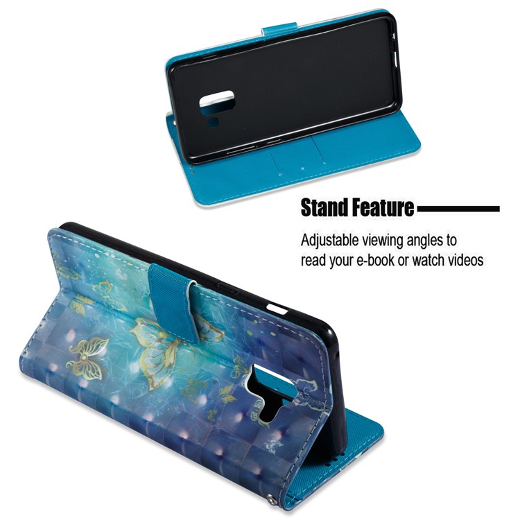 Pattern Printing Light Spot Decor Leather Stand Protective Mobile Phone Cover for Samsung Galaxy A8+ (2018) - Gold and Blue Butterfly-6