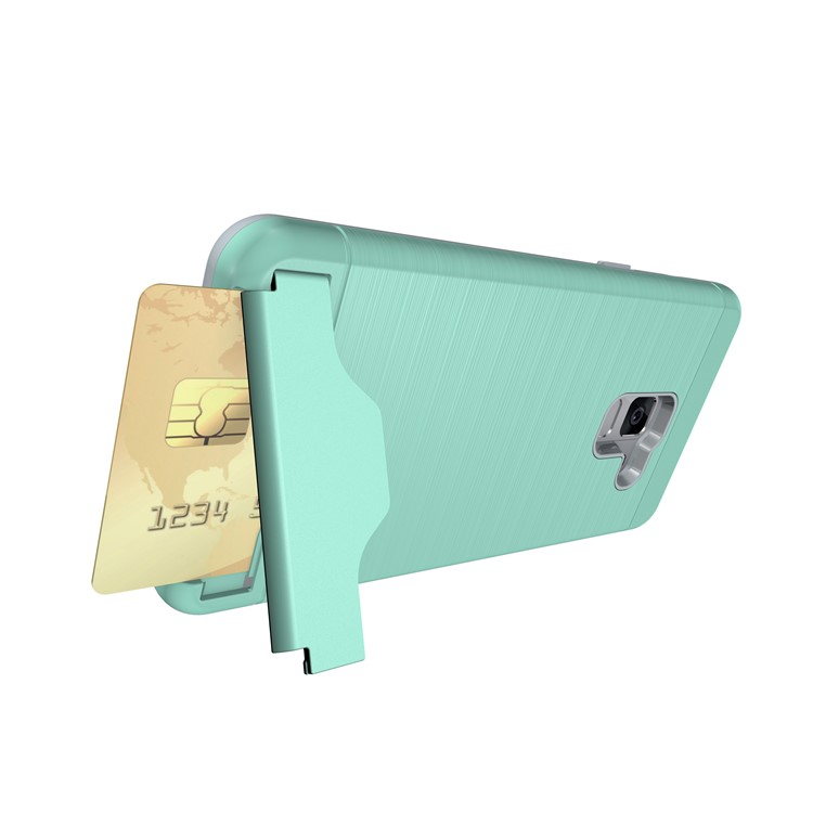 For Samsung Galaxy A8 (2018) Brushed PC + TPU Hybrid Card Slot Casing Accessory with Kickstand - Cyan-10