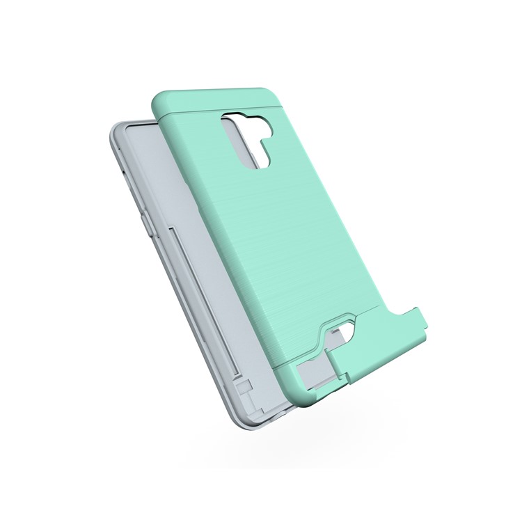 For Samsung Galaxy A8 (2018) Brushed PC + TPU Hybrid Card Slot Casing Accessory with Kickstand - Cyan-3