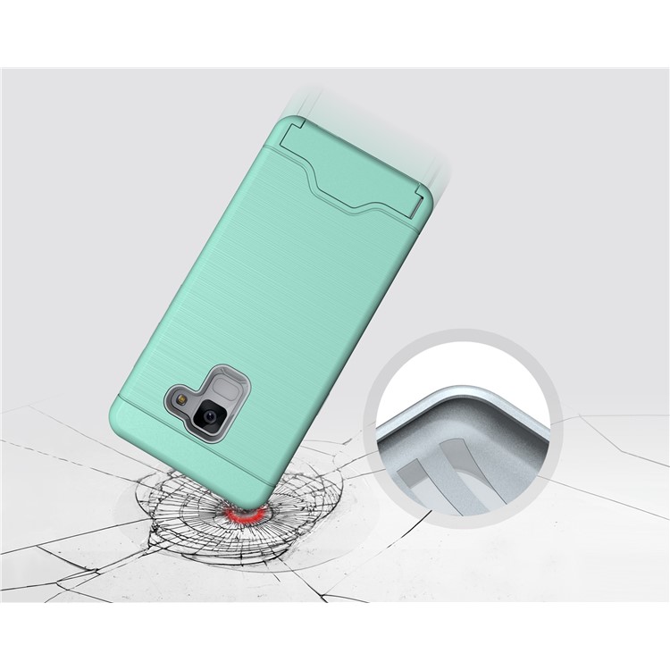 For Samsung Galaxy A8 (2018) Brushed PC + TPU Hybrid Card Slot Casing Accessory with Kickstand - Cyan-4