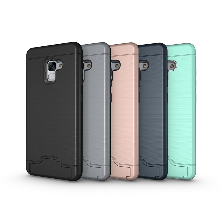 Brushed Plastic + TPU Hybrid Card Slot Case for Samsung Galaxy A8+ (2018) with Kickstand - Black-11