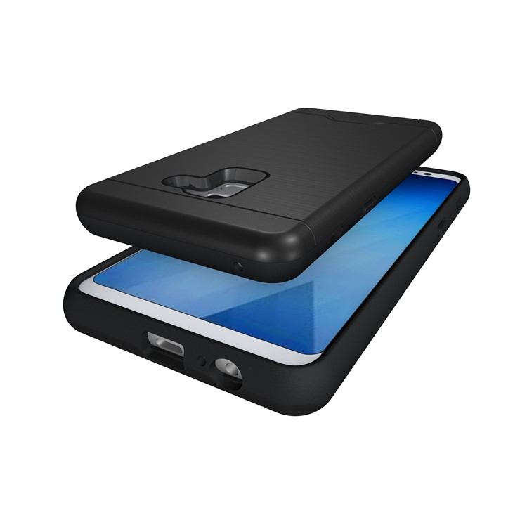 Brushed Plastic + TPU Hybrid Card Slot Case for Samsung Galaxy A8+ (2018) with Kickstand - Black-6