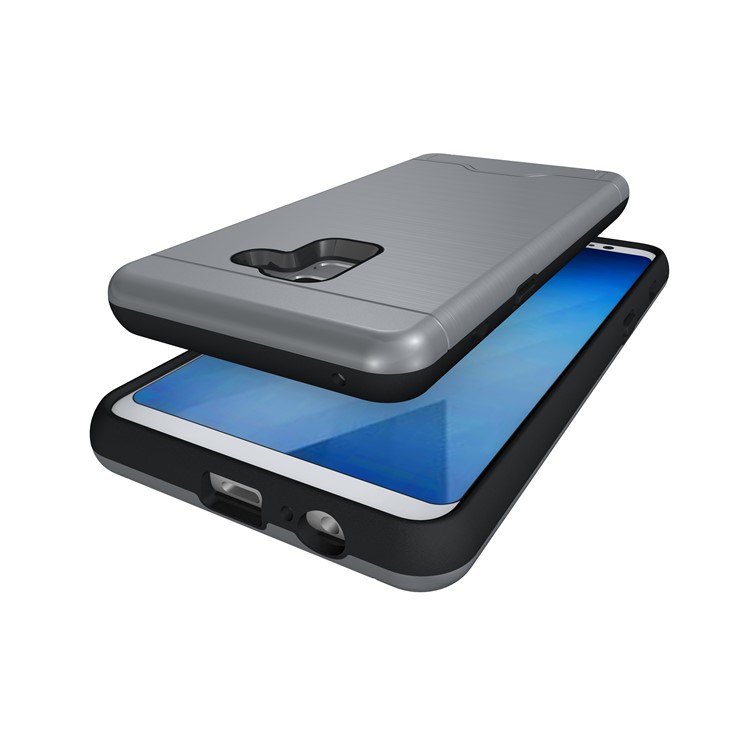 Brushed PC + TPU Hybrid Casing with Card Slot for Samsung Galaxy A8 Plus (2018) with Kickstand - Grey-10