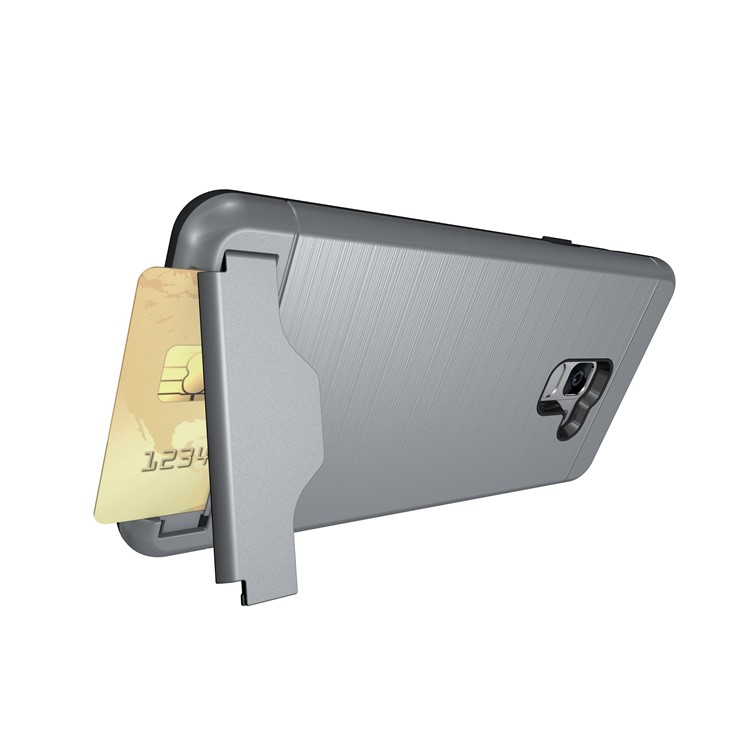 Brushed PC + TPU Hybrid Casing with Card Slot for Samsung Galaxy A8 Plus (2018) with Kickstand - Grey-14