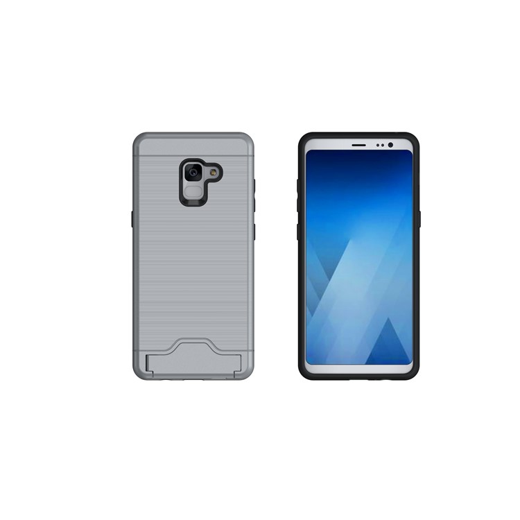 Brushed PC + TPU Hybrid Casing with Card Slot for Samsung Galaxy A8 Plus (2018) with Kickstand - Grey-2