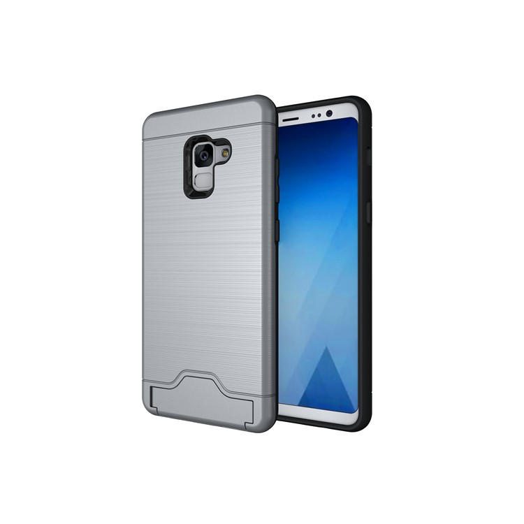 Brushed PC + TPU Hybrid Casing with Card Slot for Samsung Galaxy A8 Plus (2018) with Kickstand - Grey-3