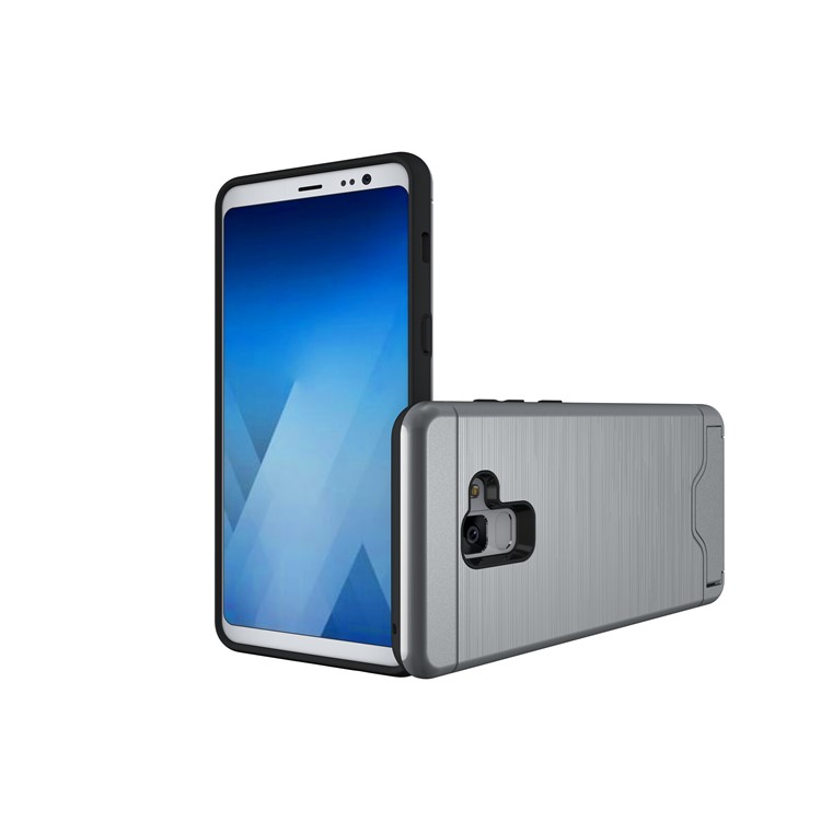 Brushed PC + TPU Hybrid Casing with Card Slot for Samsung Galaxy A8 Plus (2018) with Kickstand - Grey-4