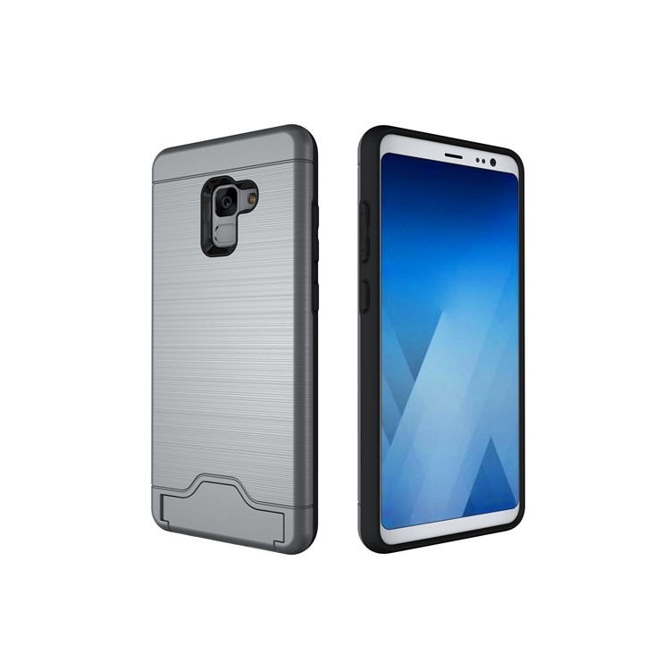 Brushed PC + TPU Hybrid Casing with Card Slot for Samsung Galaxy A8 Plus (2018) with Kickstand - Grey-5