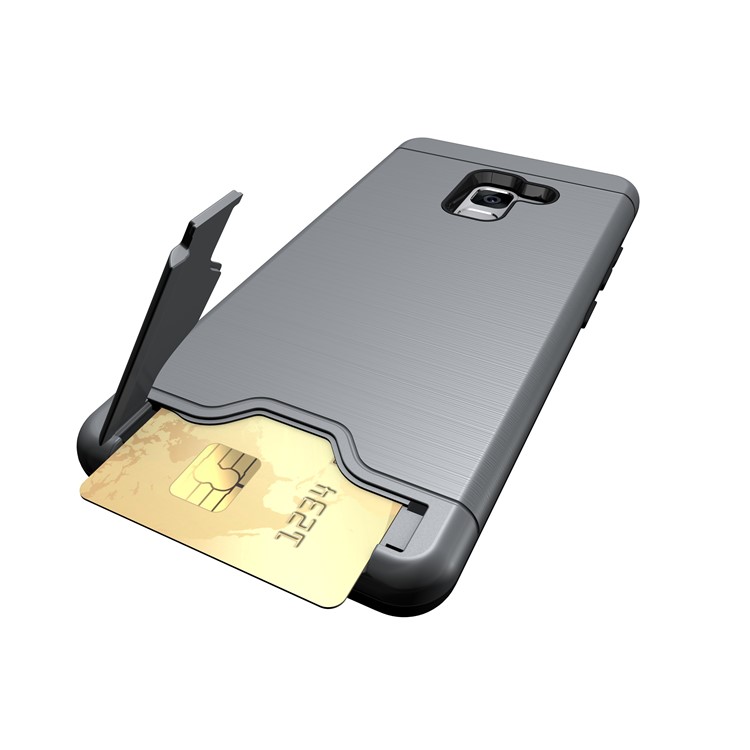 Brushed PC + TPU Hybrid Casing with Card Slot for Samsung Galaxy A8 Plus (2018) with Kickstand - Grey-6