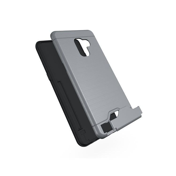 Brushed PC + TPU Hybrid Casing with Card Slot for Samsung Galaxy A8 Plus (2018) with Kickstand - Grey-7