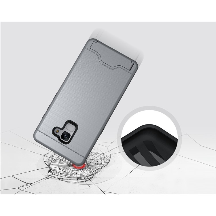 Brushed PC + TPU Hybrid Casing with Card Slot for Samsung Galaxy A8 Plus (2018) with Kickstand - Grey-8