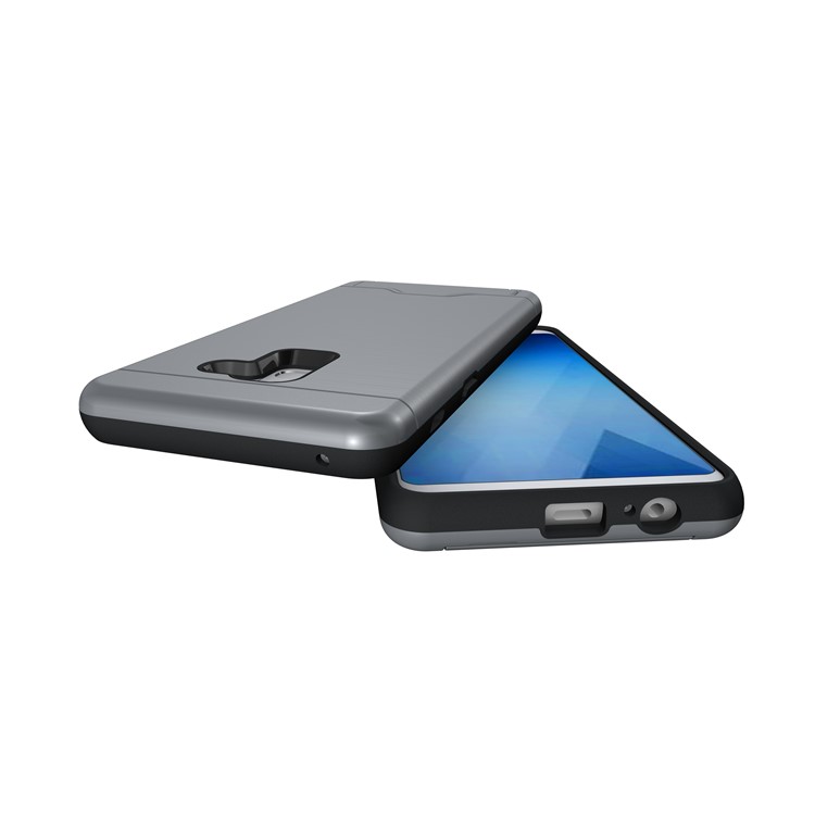 Brushed PC + TPU Hybrid Casing with Card Slot for Samsung Galaxy A8 Plus (2018) with Kickstand - Grey-9
