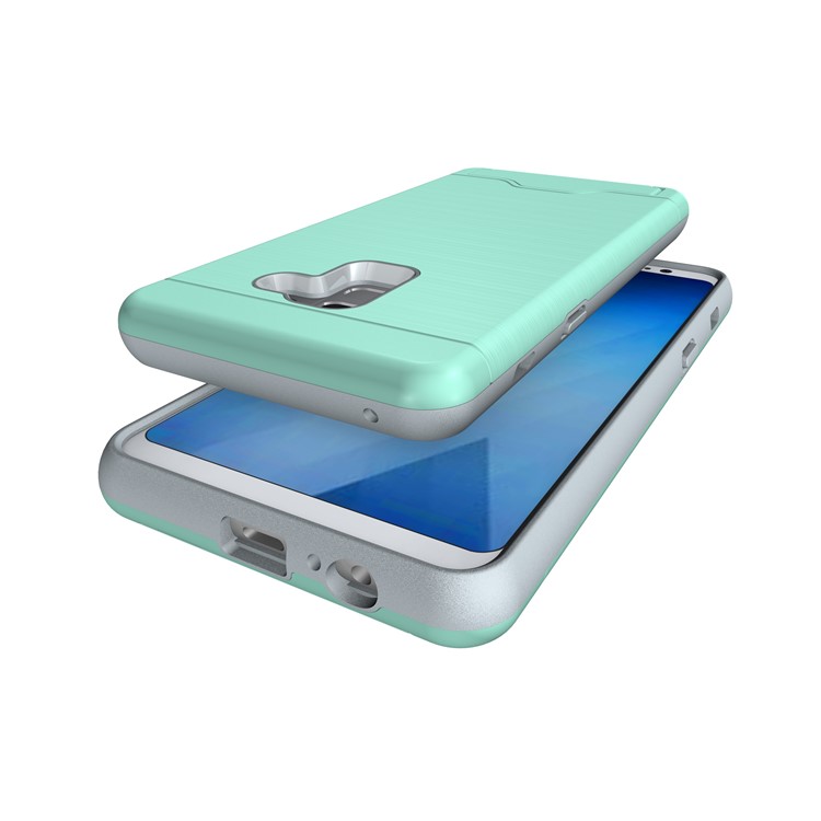 Brushed PC + TPU Hybrid Card Slot Back Case for Samsung Galaxy A8 Plus (2018) with Kickstand - Cyan-6