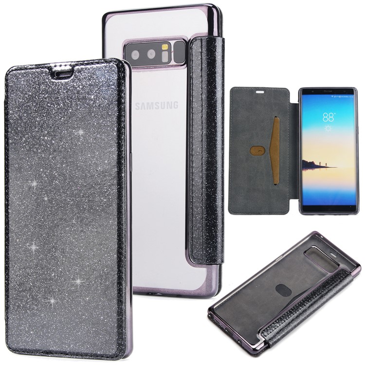 Plated TPU Case + Glittery Powder PU Leather Card Holder Case for Samsung Galaxy Note 8 N950- Black-1