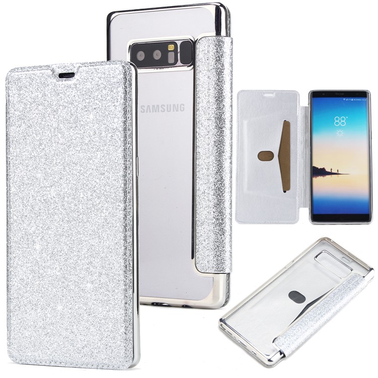 Plated TPU Case + Glittery Powder PU Leather Card Holder Cover for Samsung Galaxy Note 8 N950- Silver-1
