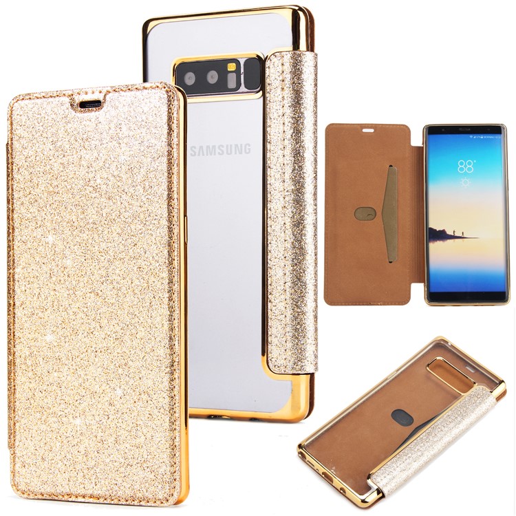 Plated TPU Case + Glittery Powder PU Leather Card Holder Mobile Casing for Samsung Galaxy Note 8 N950- Gold-1