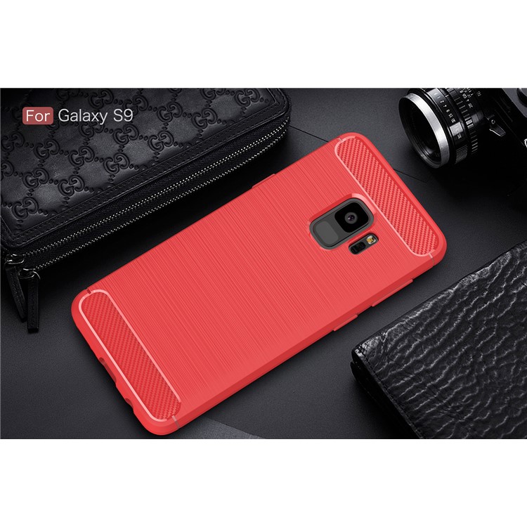 Carbon Fibre Brushed TPU Phone Casing for Samsung Galaxy S9 - Red-2