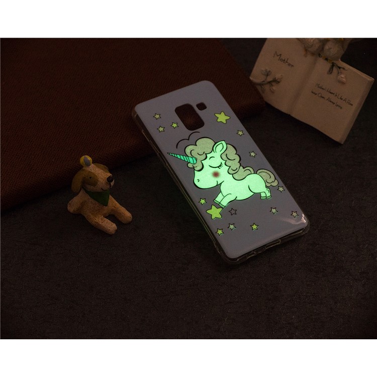 Glow in the Dark Pattern Printing TPU Mobile Shell for Samsung Galaxy A8 (2018) - Blue Background and Unicorn-6