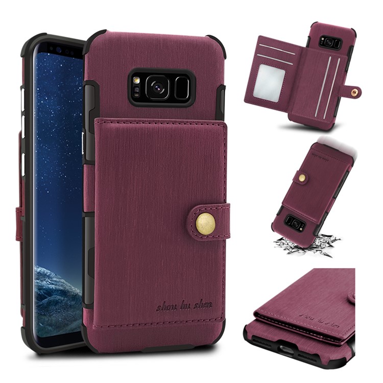 SHOUHUSHEN Brushed Card Slots PU Leather Coated Hard PC Case for Samsung Galaxy S8+ G955 - Wine Red-1