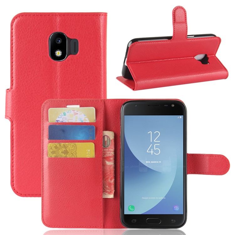 Litchi Texture Wallet Stand Leather Protective Shell for Samsung Galaxy J2 Pro 2018 - Red-1