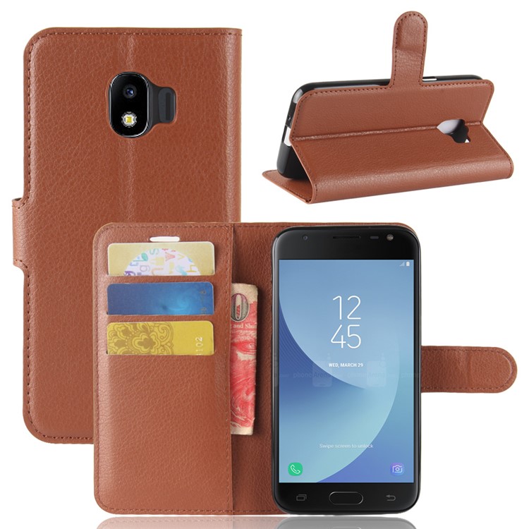 Litchi Texture Wallet Stand Leather Cellphone Case for Samsung Galaxy J2 Pro 2018 - Brown-1