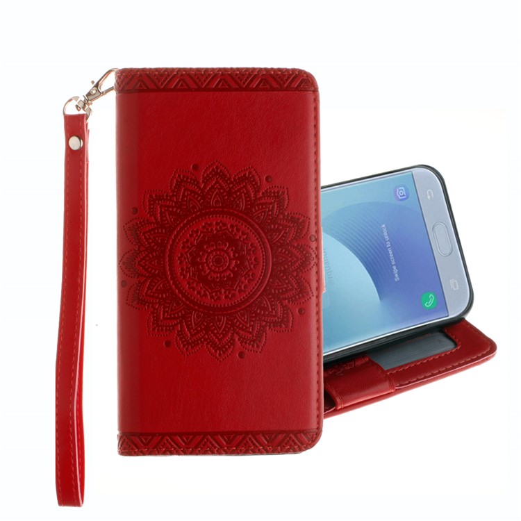 Embossed Mandala Flower PU Leather Wallet Case for Samsung Galaxy J7 Pro (2017) / J7 (2017) EU Version - Red-1