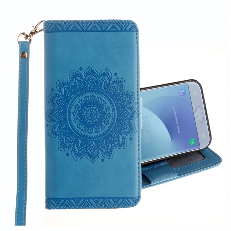 Embossed Mandala Flower Wallet Leather Stand Case for Samsung Galaxy J7 Pro (2017) / J7 (2017) EU Version - Blue-1
