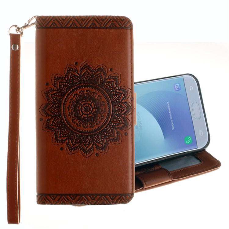 Embossed Mandala Flower Wallet Leather Stand Cover for Samsung Galaxy J7 Pro (2017) / J7 (2017) EU Version - Brown-1
