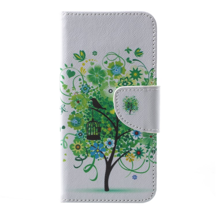 Cross Texture Pattern Printing Card Holder Leather Mobile Cover Shell for Samsung Galaxy J2 Pro 2018 - Green Flower Tree-1