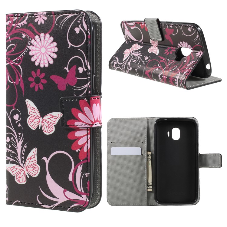 For Samsung Galaxy J2 Pro 2018 Wallet PU Leather Stand Mobile Phone Casing - Pink Flower and Butterfly-1
