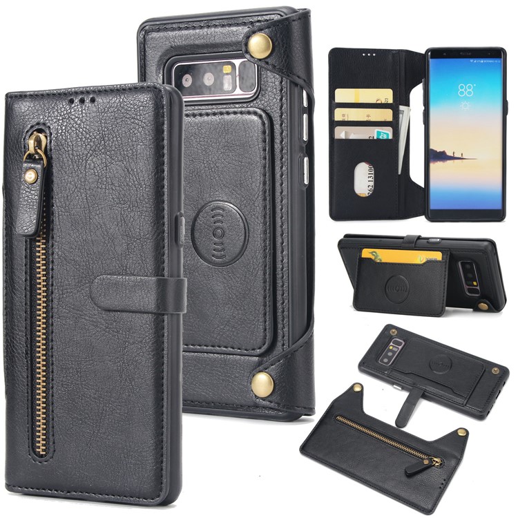 2-in-1 Zipper Pocket Leather Wallet Case + Detachable TPU Cover for Samsung Galaxy Note 8 N950 - Black-1