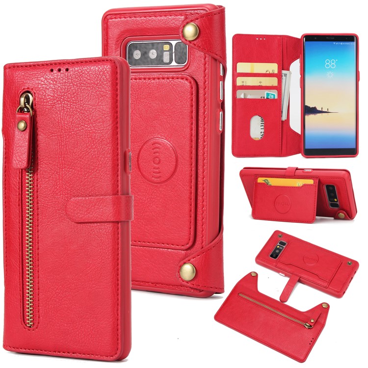 2-in-1 Zipper Pocket Leather Wallet Case + Detachable TPU Cell Phone Cover for Samsung Galaxy Note 8 N950 - Red-1