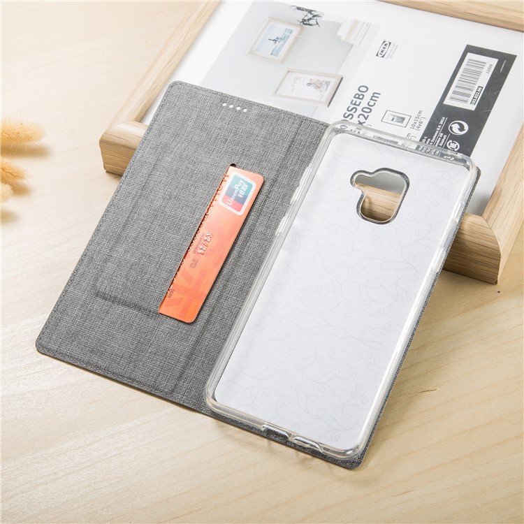 VILI DMX Cross Texture Card Holder Leather Stand Case for Samsung Galaxy A8+ (2018) - Grey-3