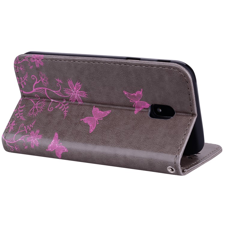 Glittery Powder Imprinted Butterfly Pattern Leather Wallet Stand Case for Samsung Galaxy J3 Pro (2017) / J3 (2017) EU Version - Grey-3