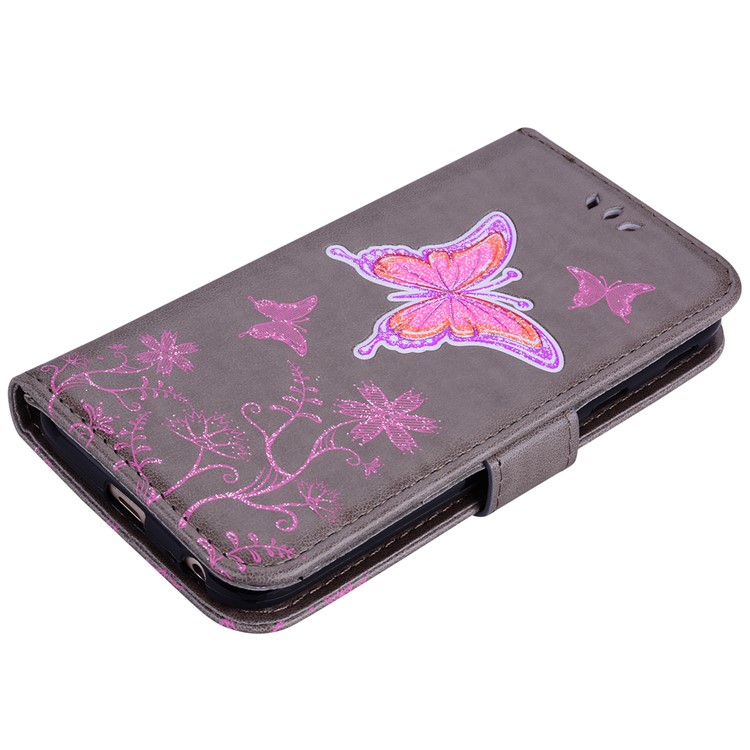 Glittery Powder Imprinted Butterfly Pattern Leather Wallet Stand Case for Samsung Galaxy J3 Pro (2017) / J3 (2017) EU Version - Grey-4