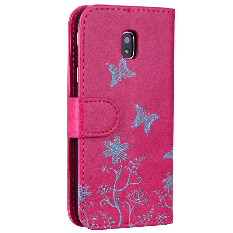 Glittery Powder Imprinted Butterfly Pattern Leather Wallet Stand Casing for Samsung Galaxy J3 Pro (2017) / J3 (2017) EU Version - Rose-2