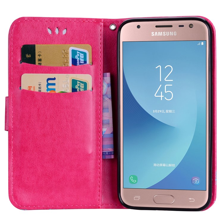 Glittery Powder Imprinted Butterfly Pattern Leather Wallet Stand Casing for Samsung Galaxy J3 Pro (2017) / J3 (2017) EU Version - Rose-5