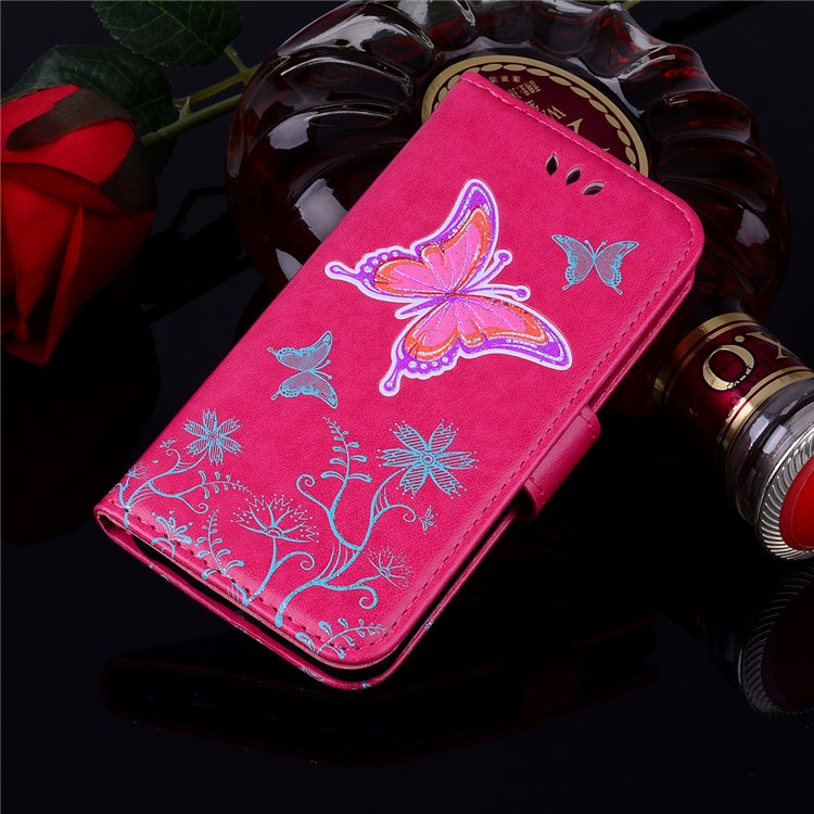 Glittery Powder Imprinted Butterfly Pattern Leather Wallet Stand Casing for Samsung Galaxy J3 Pro (2017) / J3 (2017) EU Version - Rose-7