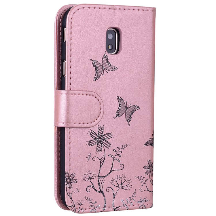 Glittery Powder Imprinted Butterfly Pattern Leather Wallet Stand Cover for Samsung Galaxy J3 Pro (2017) / J3 (2017) EU Version - Rose Gold-2