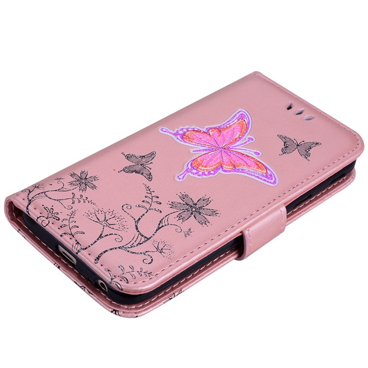 Glittery Powder Imprinted Butterfly Pattern Leather Wallet Stand Cover for Samsung Galaxy J3 Pro (2017) / J3 (2017) EU Version - Rose Gold-3