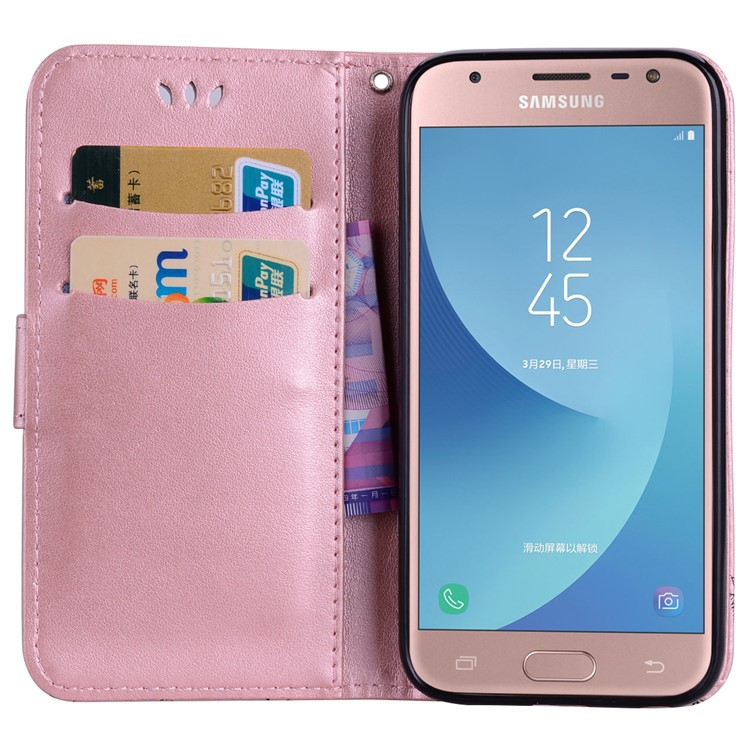 Glittery Powder Imprinted Butterfly Pattern Leather Wallet Stand Cover for Samsung Galaxy J3 Pro (2017) / J3 (2017) EU Version - Rose Gold-5